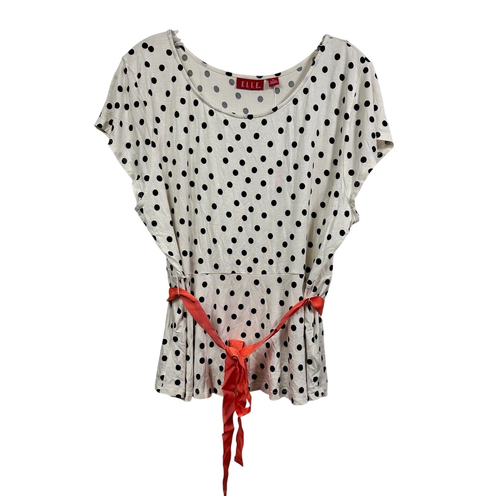 Elle Polka Dot Top Womens XL White Black Orange Ribbon Belt EL12047 New